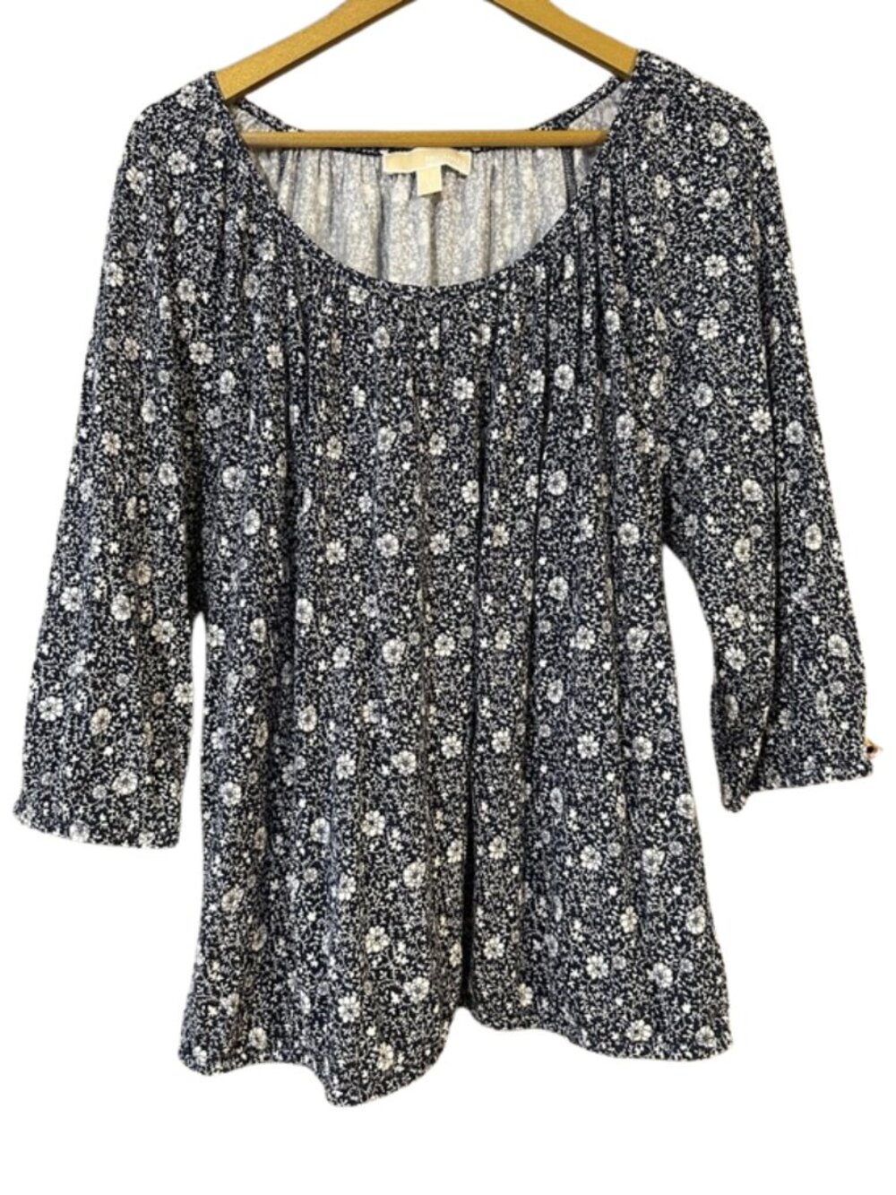 MICHAEL Michael Kors Floral Blouse Navy White Scoop Neck 3/4 Sleeve Top